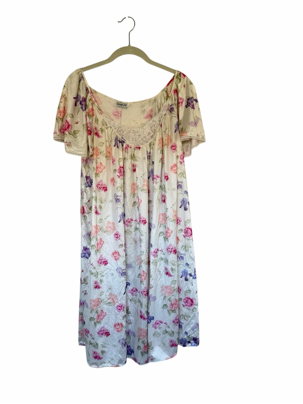 Vanity Fair Cream Floral Nightgown with Pink & Purple Roses